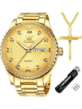 Men's Gold Diamond Solid Stainless Steel Waterproof Luminous Luxury Analog Watch